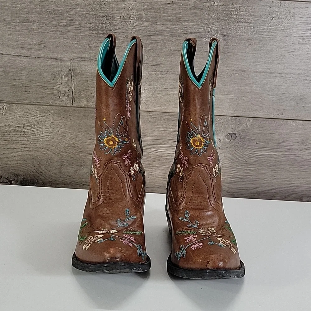 Girls Shyanne Brown Embroidered Floral Leather Western Boots Sz 3